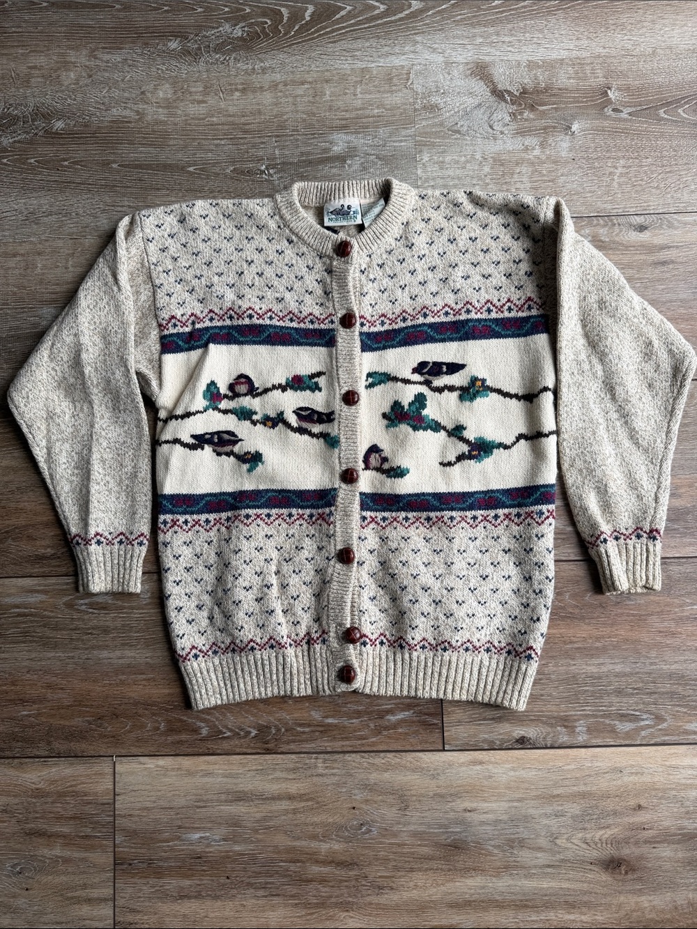 Vintage Northern Reflections Cream Cardigan with Multicolor Bird Motif